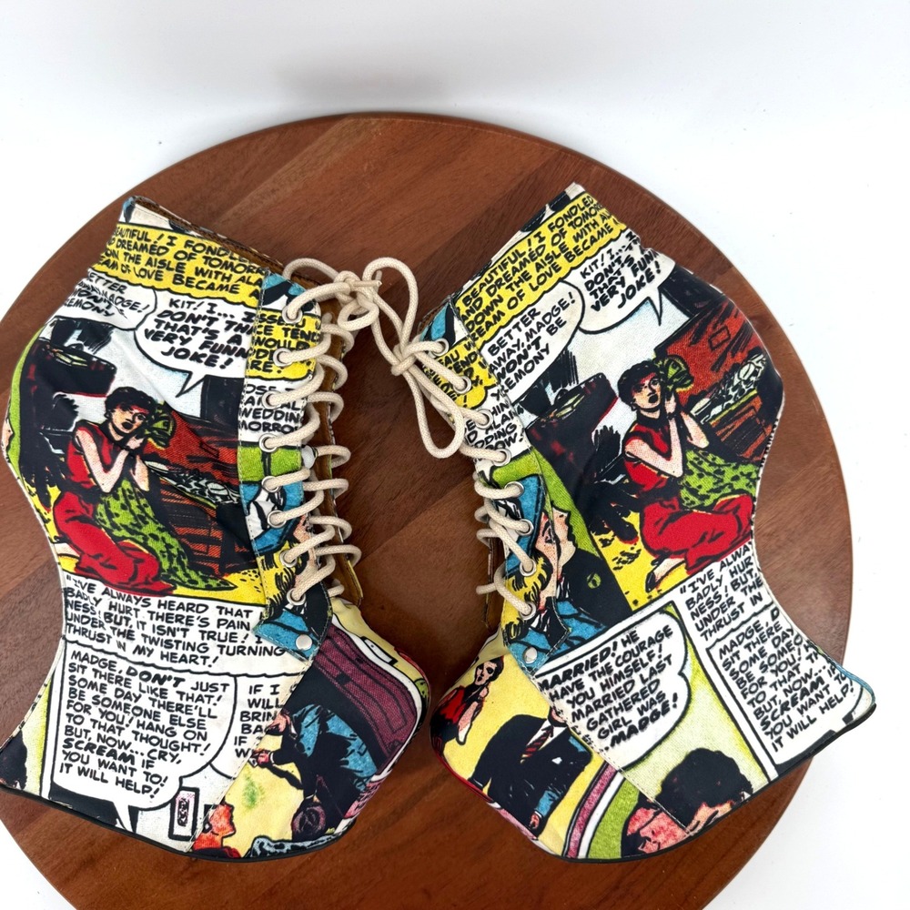 RARE Jeffrey Campbell Nightlita Comic Pop Art Heelless Wedge Booties Women 7 - Picture 10 of 14